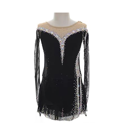 Eiskunstlaufkleid Damen Mädchen Eislaufen Kleid Schwarz Patchwork Daumenloch Netzstoff Spandex Dehnbar Training Übung Professionell Eiskunstlaufkleidung Thermowarm Kristall / Strass Langarm Eislaufen Image