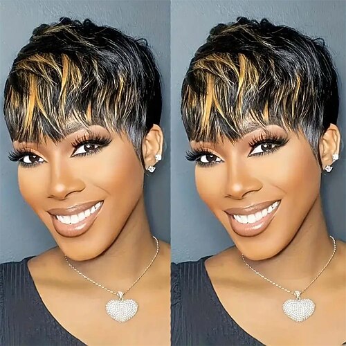 Pixie-Cut-Perücken für schwarze Frauen, synthetische Perücke, Pixie-Cut-Perücke, kurze, geschichtete Perücken, voll mit Pony, schwarz Image
