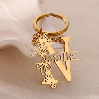 TEMU Personalized Stainless Steel Keychain With Chain, Custom Engraved Initial & Name With - Elegant For Graduation, Christmas, Halloween, Valentine's Day Gift Image