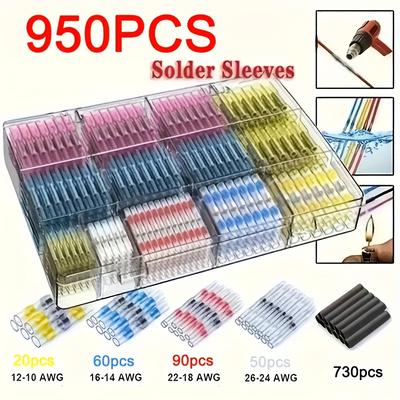 TEMU 950pcs Durable Electrical Terminals Kit - Butt Splices, Solder Seal Wire Connectors & Tube Sleeves For Boats, Vehicles & Motorcycles - Secure And Reliable Connection Image
