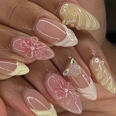 TEMU 24pcs Almond-shaped Fake Nails With 3d Flowers And Rhinestone Embellishments, Suitable For All Women And S' , Includes Jelly Glue And Nail File In Box, Easy To Apply Image