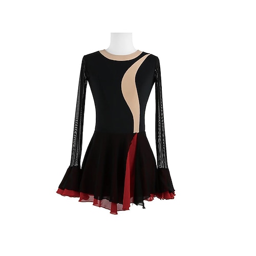 Eiskunstlaufkleid Damen Mädchen Eislaufen Kleid Schwarz Patchwork Daumenloch Netzstoff Spandex Dehnbar Training Übung Professionell Eiskunstlaufkleidung Thermowarm Kristall / Strass Langarm Eislaufen Image