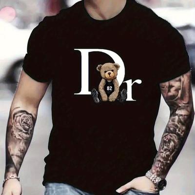 "TEMU Men's Casual Graphic Tee- Stretchy Fit With "dr" Teddy Bear Print, Short Sleeve Crew Neck T-shirt For Summer, Green Polyester Knit Fabric, Relaxed Style For Casual Attire, Bear T Shirt" Image