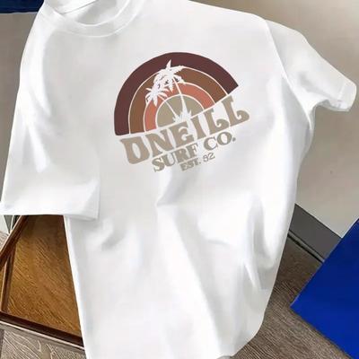 TEMU Men's Dneill . Graphic T-shirt - White Casual Crew Neck Tee With Logo, Polyester, Regular Fit, Summer Style, Beachwear Tshirt | Crew Neck Shirt | Smooth Textur Image