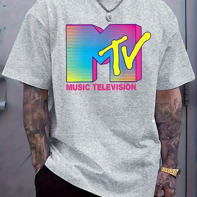 TEMU Men' Mtv Graphic T-shirt - Casual Crew Neck, Short Sleeve, Summer Holiday Tee With Colorful Print, Regular Fit, Casual Wear|vibrant Print Tee|, Plus Size Image