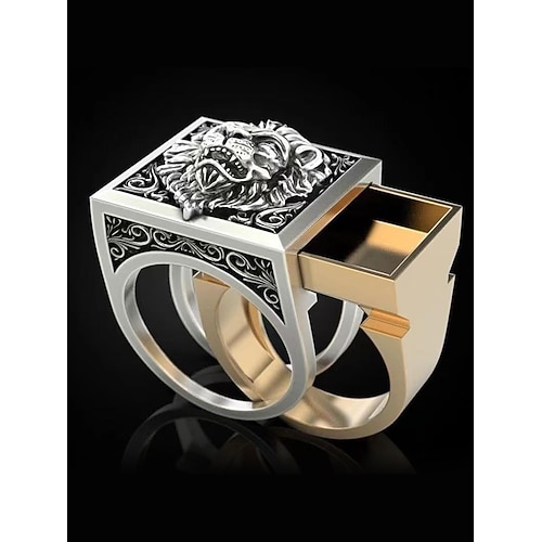 Statement-Löwenkopfring für Herren mit herausziehbarem Detail und quadratischem Design, modischer Statement-Schmuck für legere und formelle Anlässe Image