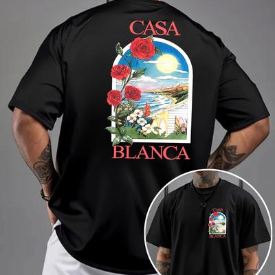 "TEMU Men's Casual Loose Fit With "" Rose - Short Sleeve, Summer Tee With Floral & Sunset Print, Perfect Gift For Him, Relaxed Fit Tee | Floral Sunset Print | , Beach T Shirts" Image
