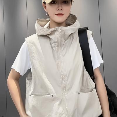 TEMU Women's Lightweight Casual Hooded Vest, Beige Polyester Zip-up Sleeveless Jacket With Dual Pockets And Stand Collar For Spring/summer/fall Image