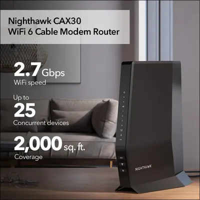 Nighthawk Modem Router Combo (CAX30) DOCSIS 3.1 Cable Modem and WiFi 6 Router - AX2700 2.7 Gbps