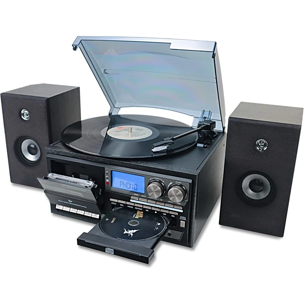 10-in-1 Vinyl Record Player w/ 15W Speakers, BT, CD, Cassette, AM/FM, USB, Aux/RCA‌