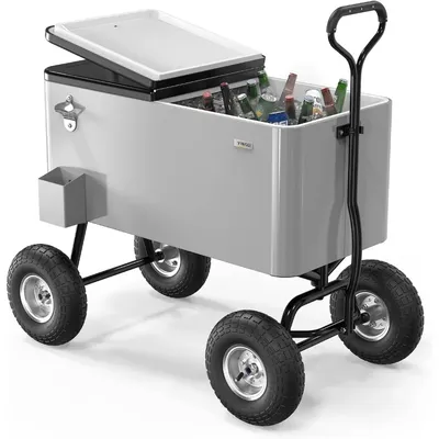 80 Quart Wagon Rolling Cooler Ice Chest, w/Long Handle and 10" Wheels, Portable Beach Patio Party