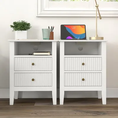 Fluted Nightstand Set of 2 with Charging Station, White End Table with 2 Silent Slide Drawers & Storage Shelf, Modern Side Table