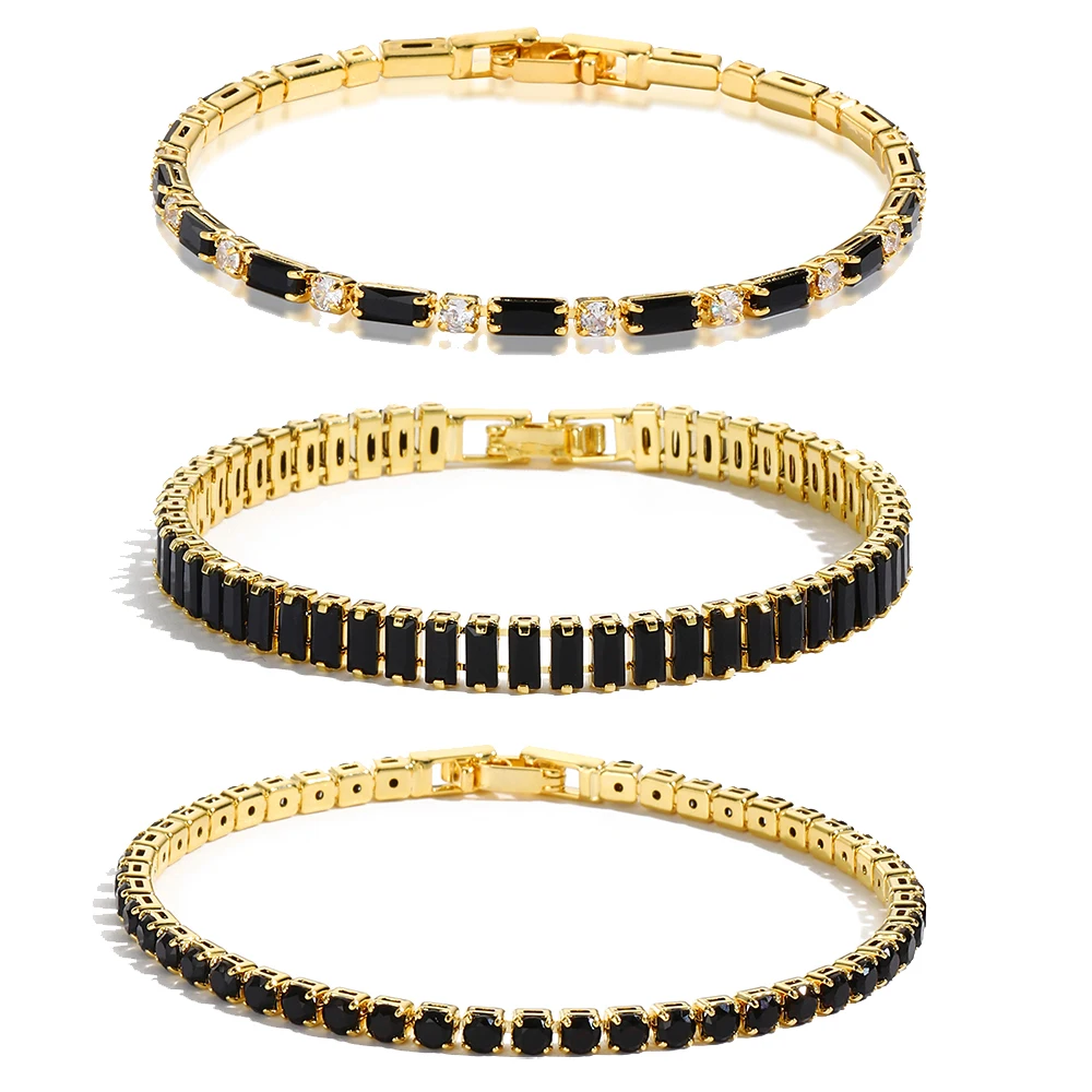 Schwarze Kristall-Tennisarmbänder für Damen und Herren, luxuriöses, verstellbares Armband mit Iced Out-Kubikzirkonia an der Hand, Hippie-Schmuck