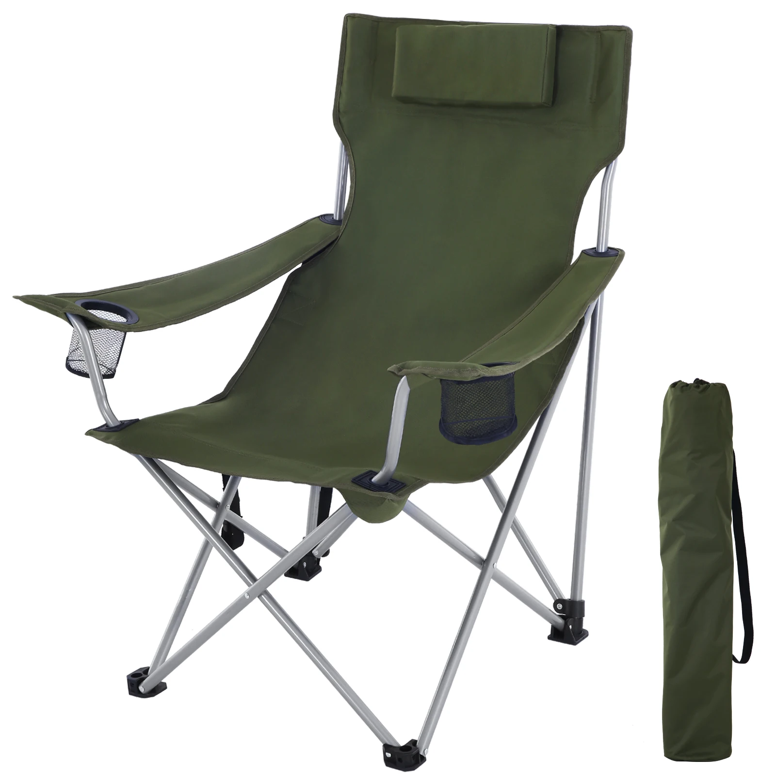 SONGMICS Campingstuhl, Klappstuhl, Outdoor-Stuhl mit Armlehnen, Kopfstütze und Getränkehaltern, stabiles Gestell