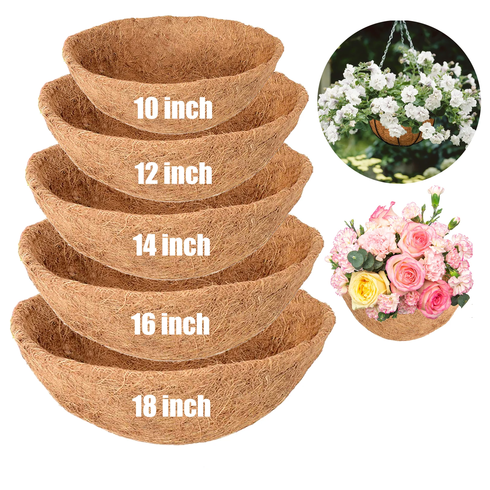 10/12/14/16/18 Zoll Hängekorb-Einlage, runde Pflanzgefäß-Einlage für Hängekorb, Kokosfaser-Einlagen zum Aufhängen von Körben, Pflanzen Image