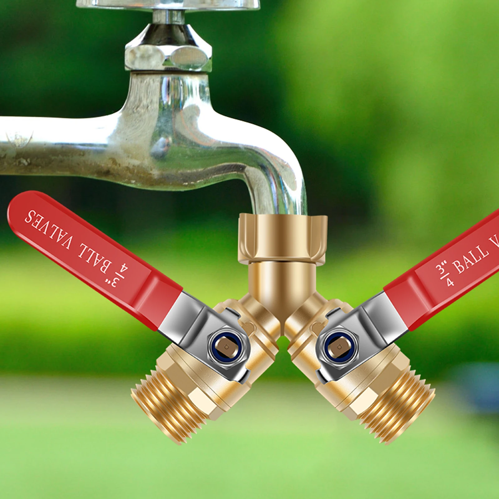 2-Wege-Gartenschlauchverteiler aus Messing, robuster Schlauch-Y-Splitter mit langem Griff und 3/4 Zoll GHT-Gewinde für die meisten Gartenrohre Image