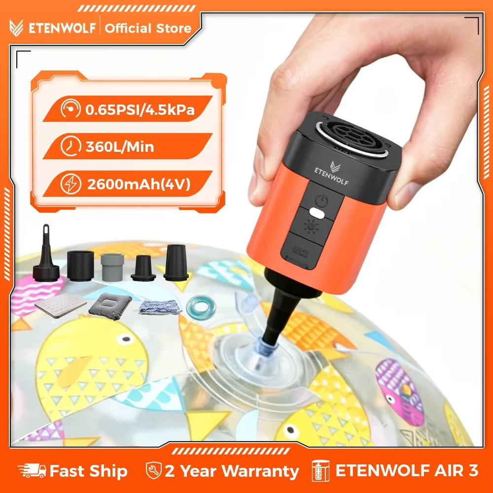 Neue ETENWOLF AIR 3 Kleine Elektrische Luftpumpe Campinglampe 2600mAh Kabellose Outdoor-Pumpe für Luftmatratzen, Schwimmbecken und Isomatten