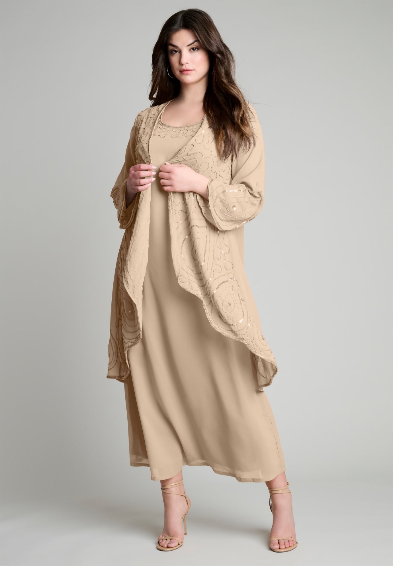 Plus Size Women's Plus-Size 2 piece Long Sleeve Beaded Georgette Gown Set with Detachable Jacket by Roaman's in Sparkling Champagne (Size 22 W)