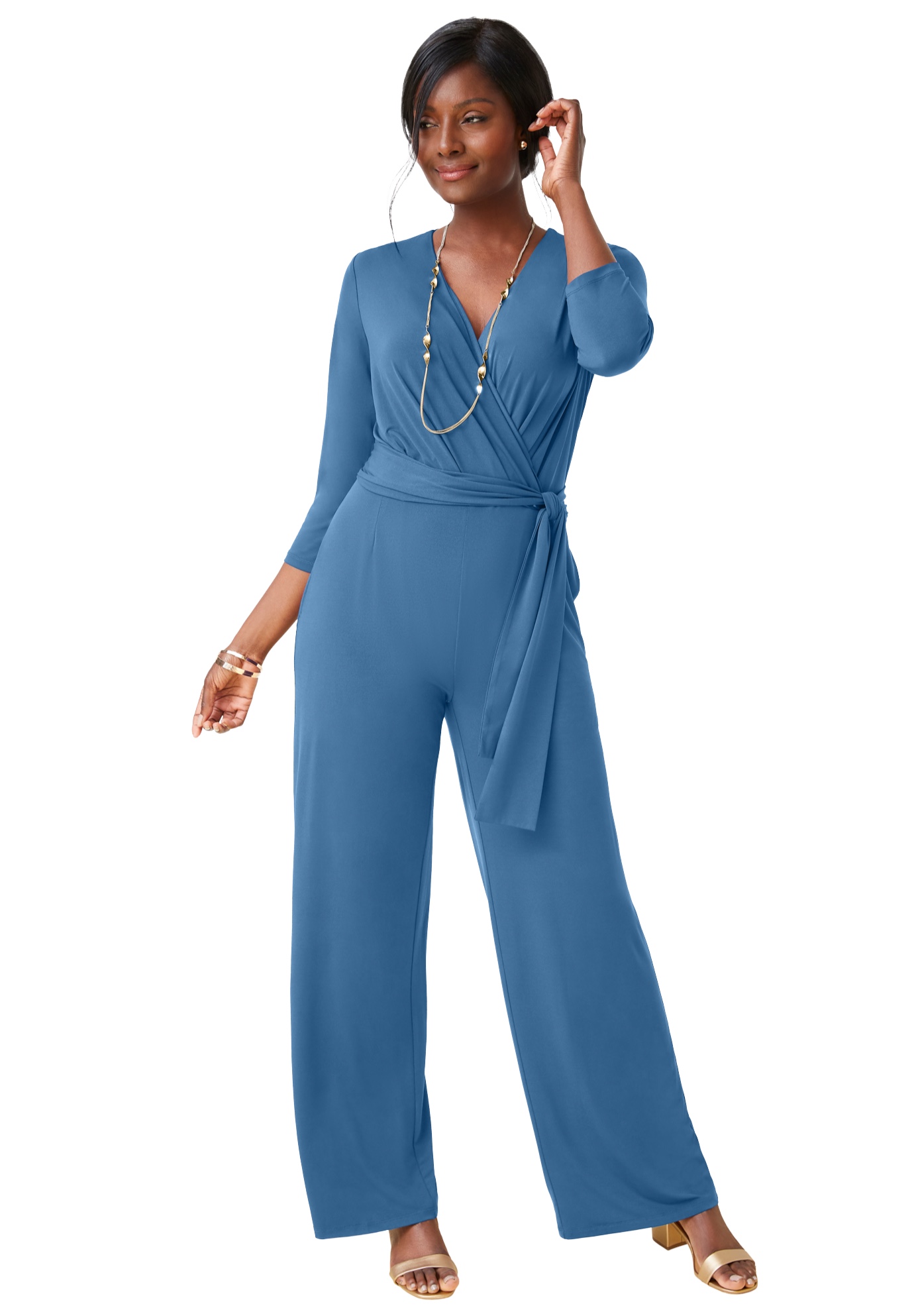 Plus Size Women's Wide Leg Knit Jumpsuit by The London Collection in Dusty Indigo (Size 22)