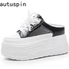 AUTUSPIN 8cm Frauen Spitze Schuhe Sommer Weiß Abdeckung Zehe Hausschuhe Hohe Plattform Damen Casual