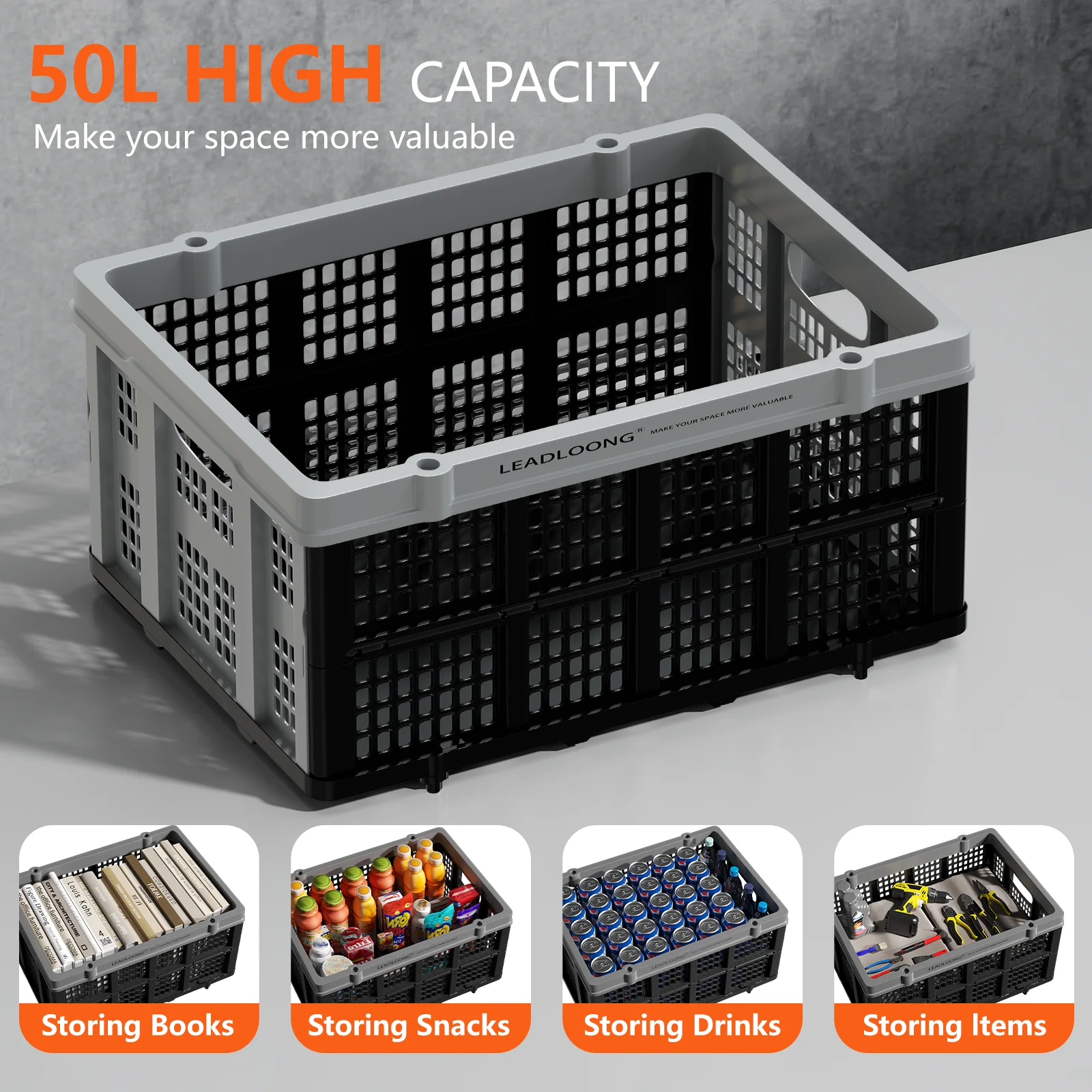 1 Packungen 50 l zusammenklappbare Kiste 22 x 15,7 x 10,7 Zoll/56 x 40 x 27,3 cm, stapelbare Aufbewahrungskörbe mit Griffen, zusammenklappbare Aufbewahrungsbehälter Image