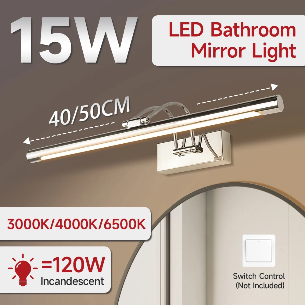 85–265 V LED-Spiegelleuchte, wasserdicht, 15 W, 40/50 cm, dimmbar, 3-Farben-Licht für Badezimmer, Make-up-Beleuchtung, hängende Spiegellampen