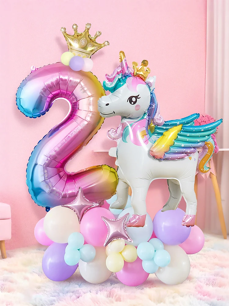 1/33 Stück Einhorn-Regenbogen-Geburtstagsballons, 0–9 Zahlen, Regenbogen-Einhorn-Thema, Geburtstag, Duschparty, Raumdekoration Image