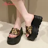 Aphixta 8cm Keilabsatz Gleitet Sandalen Gelb Leopard Sexy Sandalen Hausschuhe Plattform Heels Schuhe