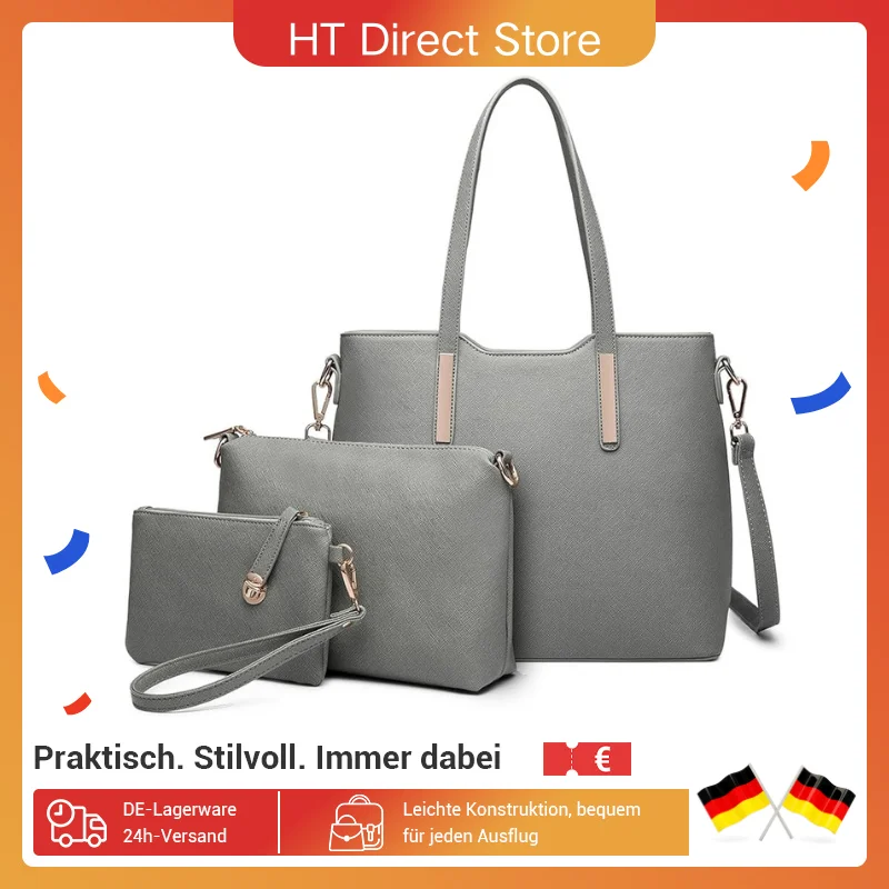 Miss Lulu Damen Schultertasche Set 3-teilig, Große Henkeltasche, Tragetasche, Tote Bag, Frauen Handtasche, Komfortabel
