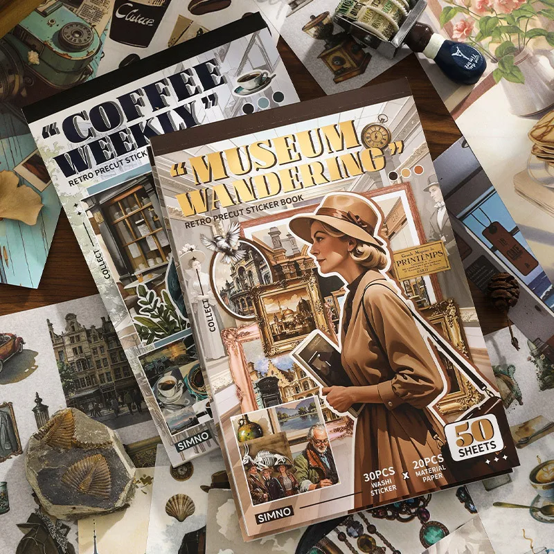 Slow Enjoyment Life Aufkleberbücher, 50 Blatt, Vintage-Charakter, antike Gegenstände, Landschaftsbau, dekorative Aufkleber, ästhetisches Sammelalbum