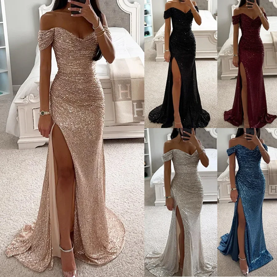 Damenkleider, neues Party-Paillettenkleid mit One-Line-Ausschnitt und Schlitz, lässiges modisches Kleid für Damen Image