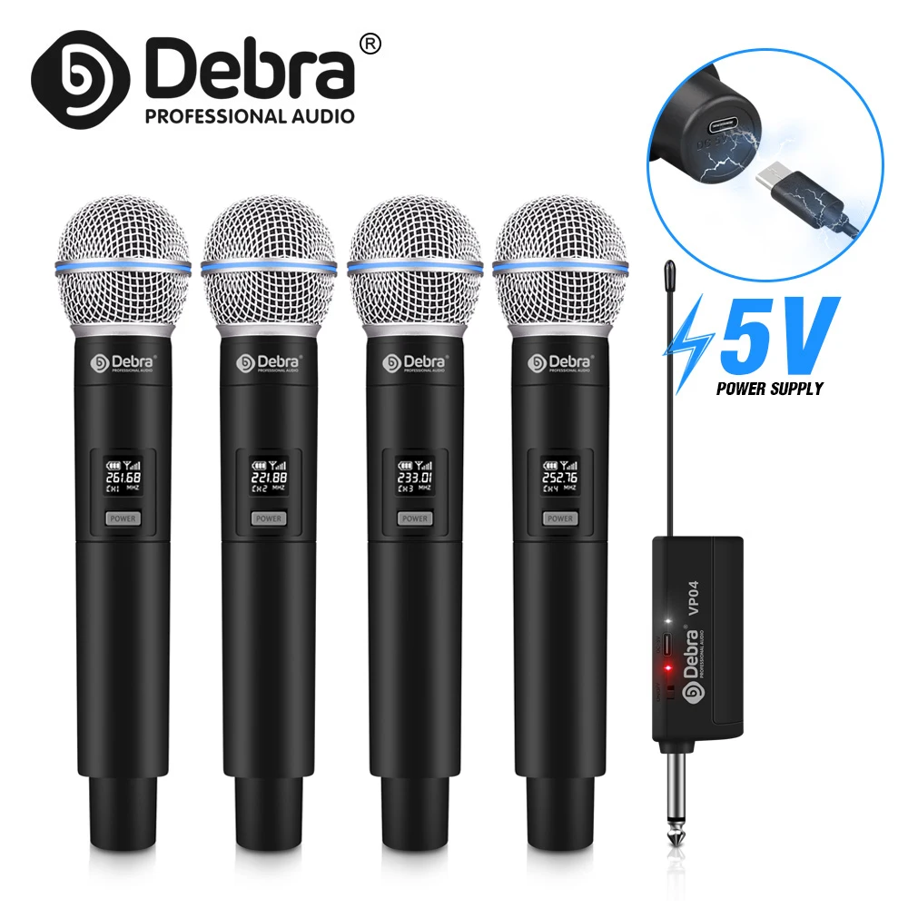 Debra VP-04 Microfono wireless portatile a 4 canali Microfoni palmari 60 m per palco karaoke, chiesa, festa, scuola, PA, altoparlante