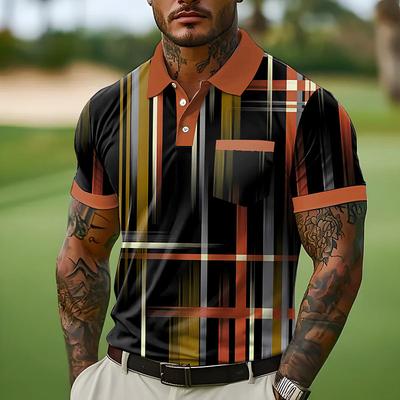 Men's Button Up Polos Street Casual Lapel Short Sleeve Fashion Geometic Line Buttons Pocket Summer White Blue Orange Green Button Up Polos