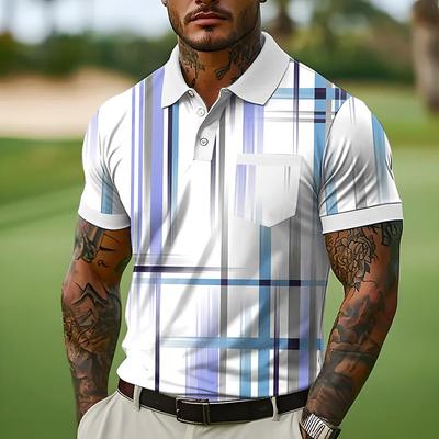Men's Button Up Polos Street Casual Lapel Short Sleeve Fashion Geometic Line Buttons Pocket Summer White Blue Orange Green Button Up Polos
