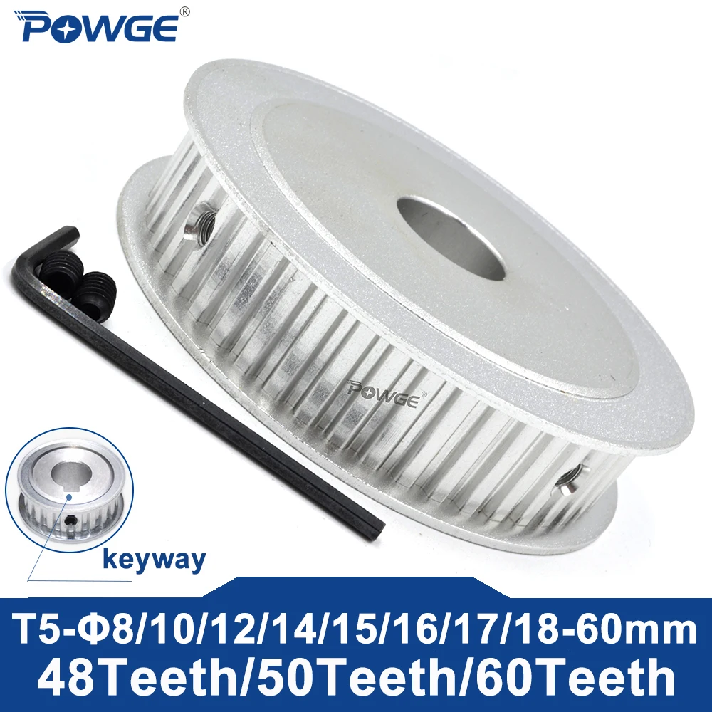 POWGE Trapezförmige 48 50 60 Eeth T5 Zahnriemenscheibe Bohrung 6/8/10/12/14/15/16/17/18/20/25/30/38 für Riemenbreite 10/15 mm 48T 50T 60T Image