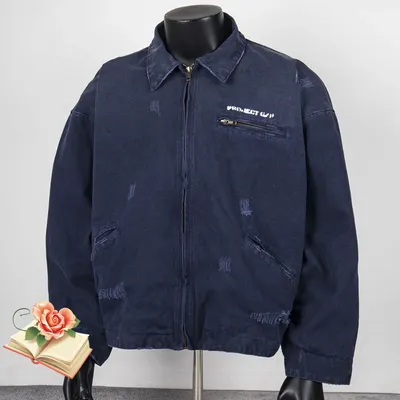 Navy Blue Project GR Hand Cut Denim Zipper Jacket Washed Loose Coat Chest Hide Zip Pockets Men Women Casual Winter Clothes Tops
