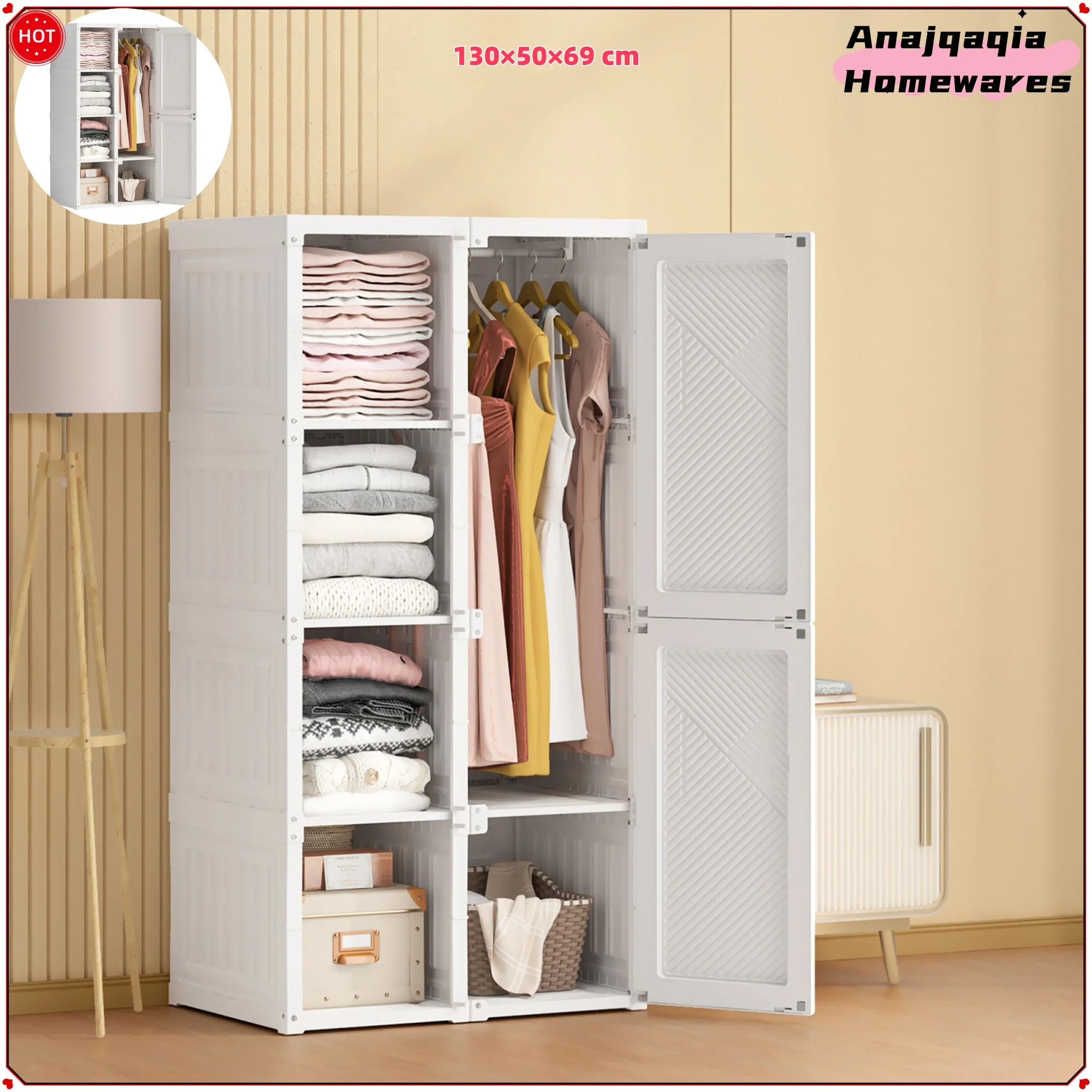 Anajqaqia 130×50×69 cm Klappgarderobe, tragbarer Schrank, mit Kleiderstange und Magnettüren für Schlafzimmer, Wohnzimmer, Weiß