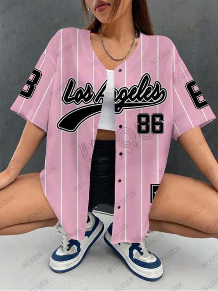 2025 sommer Neue Retro Rosa Los Angeles 86 Gedruckt Bluse Frauen Streetwear Baseball Hemd Hip Hop Kurzarm Button Up Tops