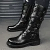 Männer Motorrad Stiefel Mitte Der Wade Ritter Männer Boot Punk Hippie Nieten Zip Schnalle Gentleman Männlich Flache Schuhe Mann plus Größe 38-46