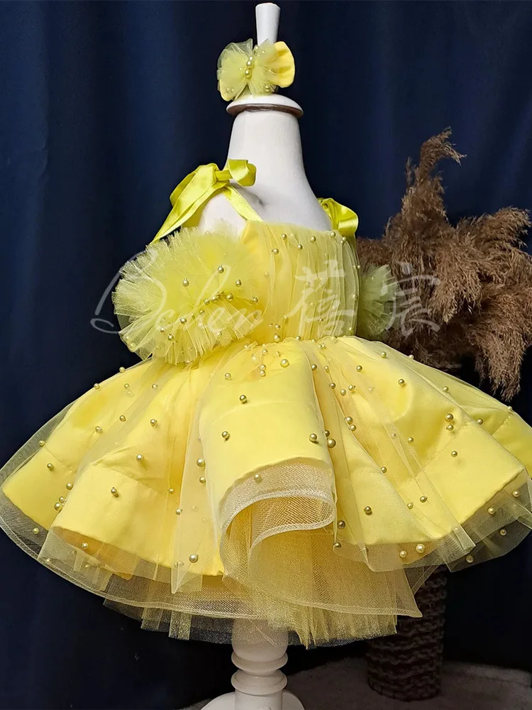KinderkleidGelbes Prinzessinnenkleid2025Neuer Stil Kleinkind-Puffrock mit handgefertigten Perlen und Schleife Image