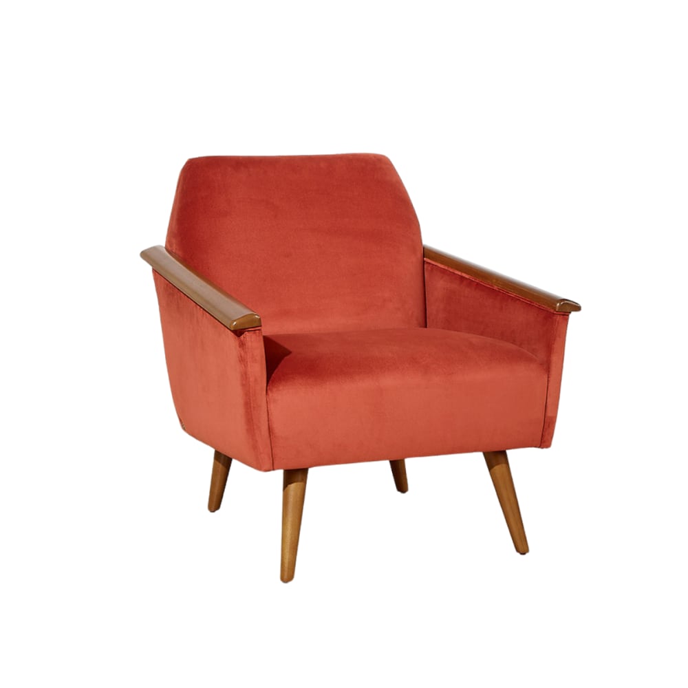 Fauteuil en hévéa et tissu velours brique