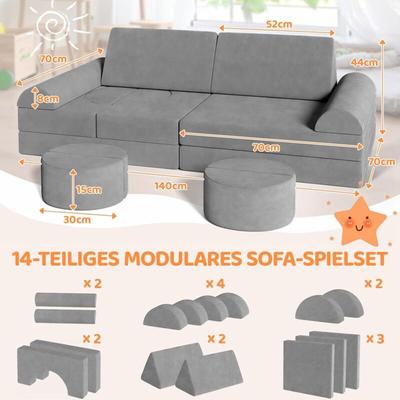 14 tlg Doppel Kindersofa Spielsofa Modulsofa Schlaffunktion Schaumstoffbausteine (Grau) Image