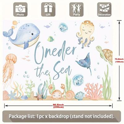 TEMU 1pc Under The Sea Party Backdrop - Vibrant Ocean Animal Birthday Banner With Marine , 100% Polyester, Mixed Colors, ' Birthday Decorations And Party Supplies Image