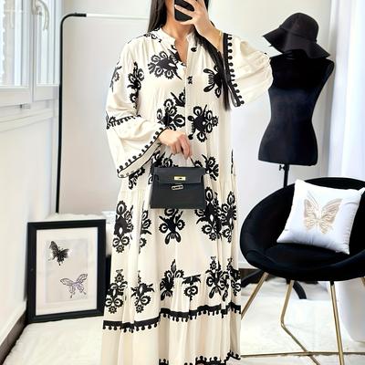 TEMU Elegant Long Sleeve Floral Print A-line Dress - Loose Fit, Half Button, Polyester, Black & White Geometric Pattern, Women’s Fashion, Cute Dresses Image
