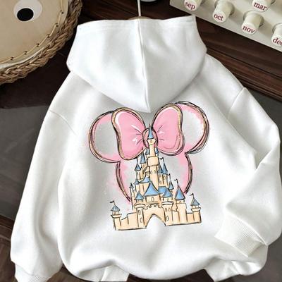 TEMU Women's Casual Graphic Print Hoodie - Black Polyester Sweatshirt With Pink Bow & Castle Design, Drawstring, Machine Washable - Fall & Winter Image
