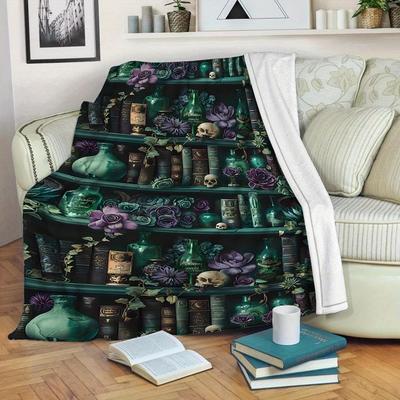TEMU Magic Themed Throw Blanket - Library Shelf Design With & , Lightweight Soft Warm Sofa & Bedroom Decor, Polyester Flannel, , Contemporary Style, Machine Washable, Gift For Book Lovers Image