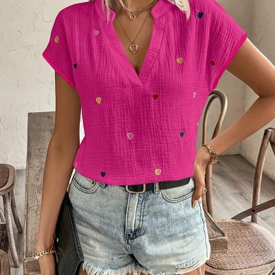 TEMU Women's Casual V-neck Short Sleeve Blouse With Heart Embroidery - Vibrant Pink Spring Summer Top, Machine Washable Non-see-through Shirt For Casual Attire, , Texture Image