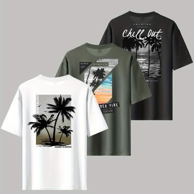 TEMU Stylish Loose Round Neck T-shirt, Three-pack Short Sleeve Set For Your Summer Wardrobe, Casual Everyday Printed Tee As A Surprise Gift Image