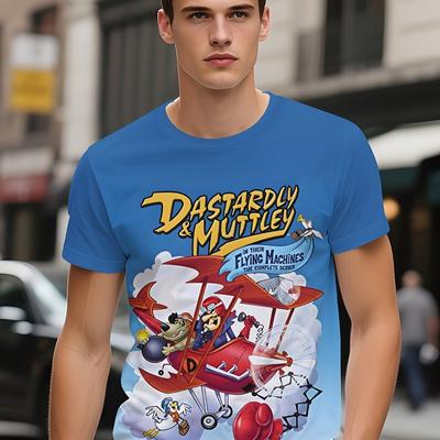 "TEMU Men's " & Muttley Flying Machines" Graphic T-shirt - Casual Blue Crew Neck, Short Sleeve, 3d With Cartoon Characters, Street Style, Hip Hop , Casual Wear | Print | , Plus Size" Image