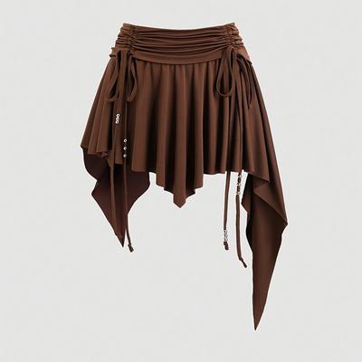 TEMU Western Cowgirl Style Beach Casual Drawstring Waist Asymmetric Ruffle Hem Mini Skirt Y2k Outfit Image